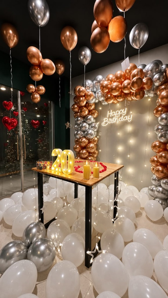 Beautifully decorated birthday party corner at Cafe Corner with copper and silver balloons
